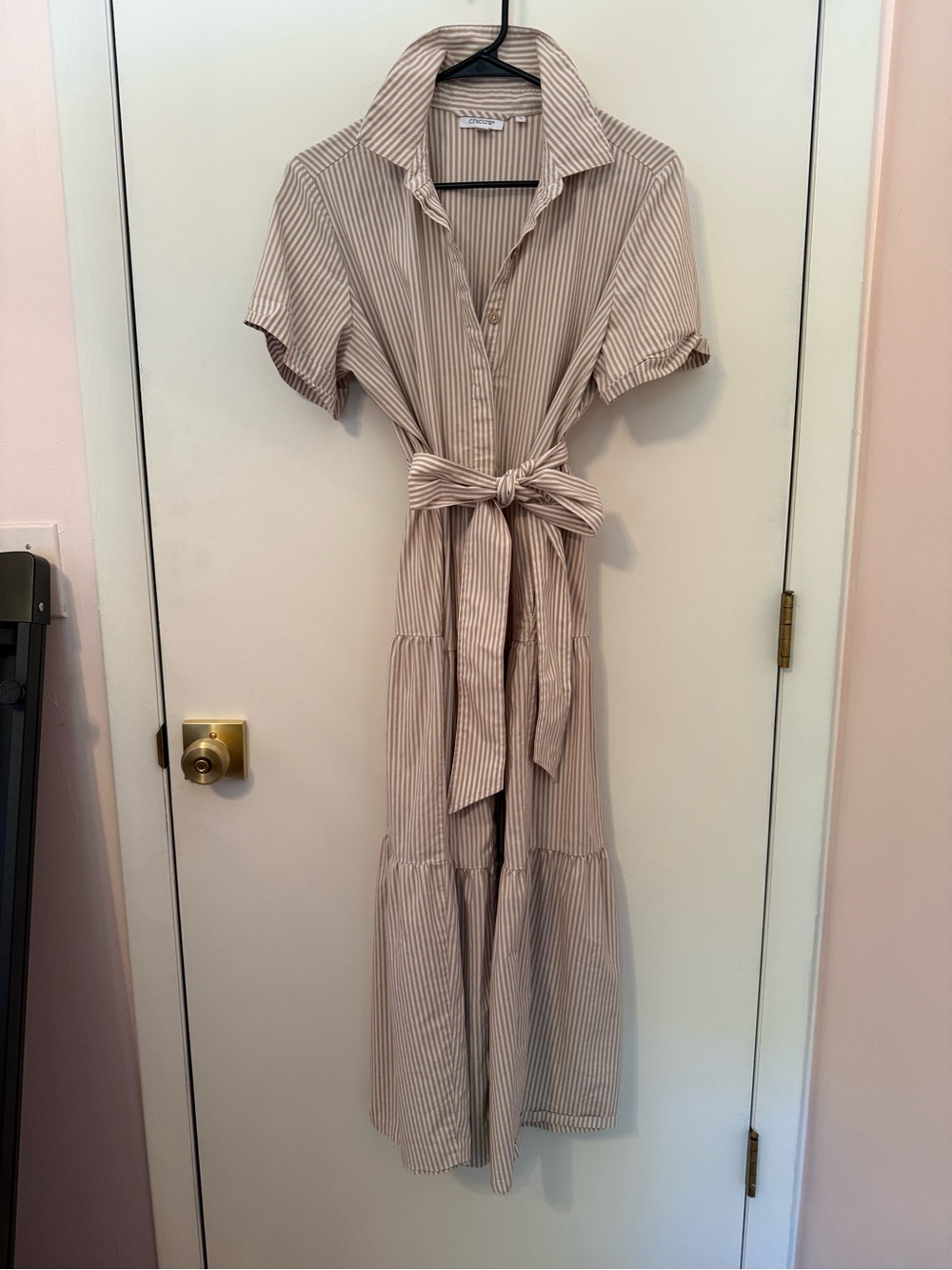 Chico's Beige and White Striped Tie-Waist Maxi Dress